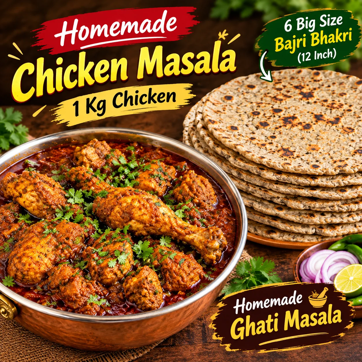 one KG Ghati chicken Masala and six big size bajri Bhakari
