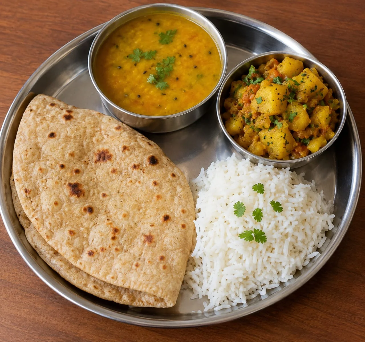 chapati Batata bhaji rice and Dal
